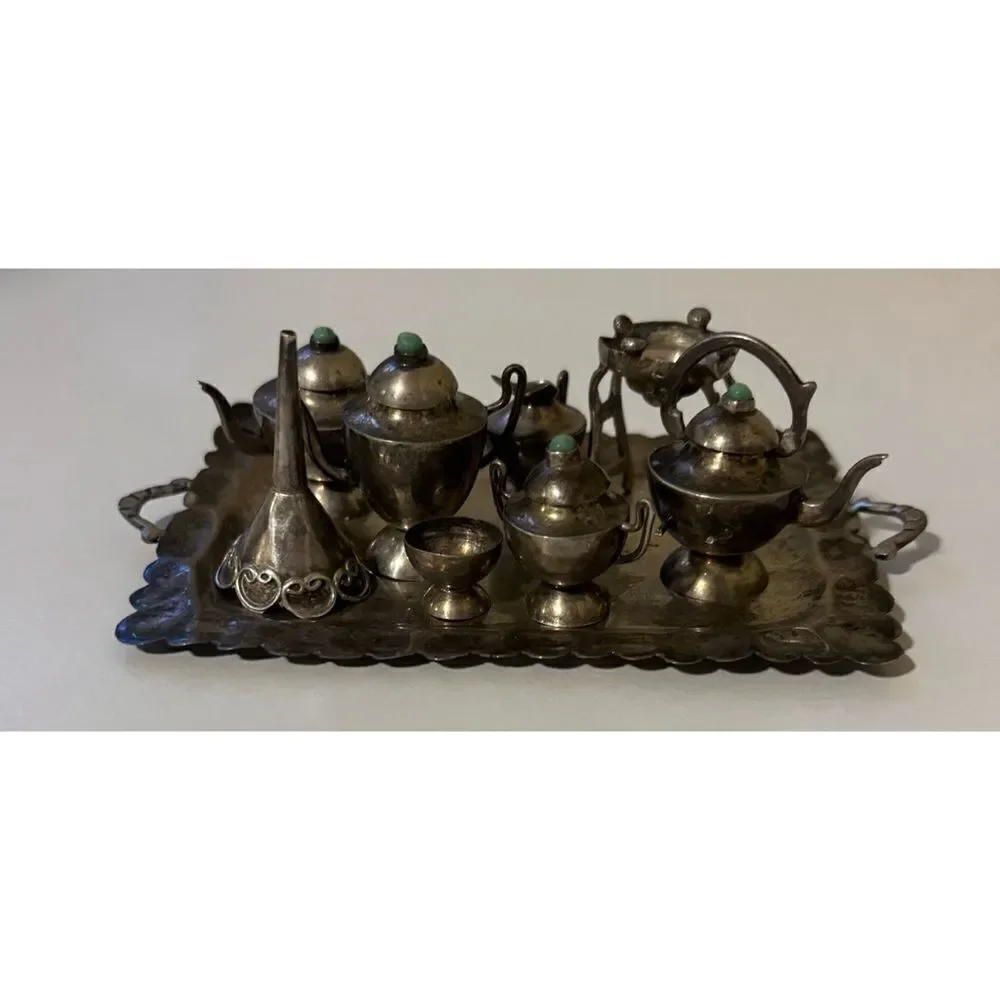 RARE -ANTIQUE STERLING SILVER Turquoise 9 Pieces Miniature Tea Set